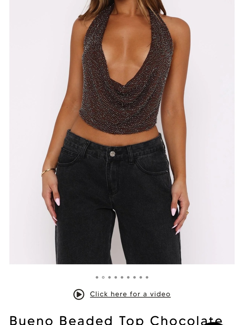White Fox Boutique Chocolate Brown Beaded Halter Cowl Top